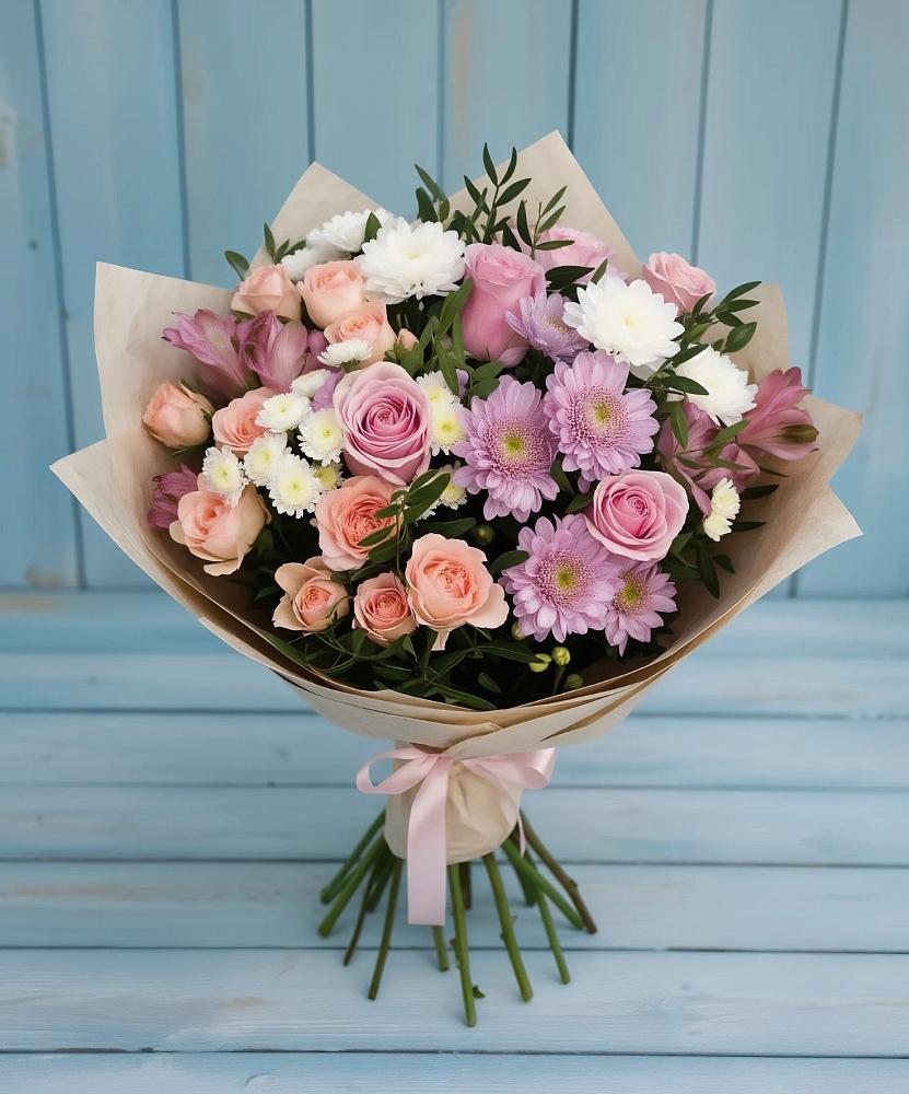 Букет цветов из: Хризантемы, Розы и Альстромерии в Коммаяке