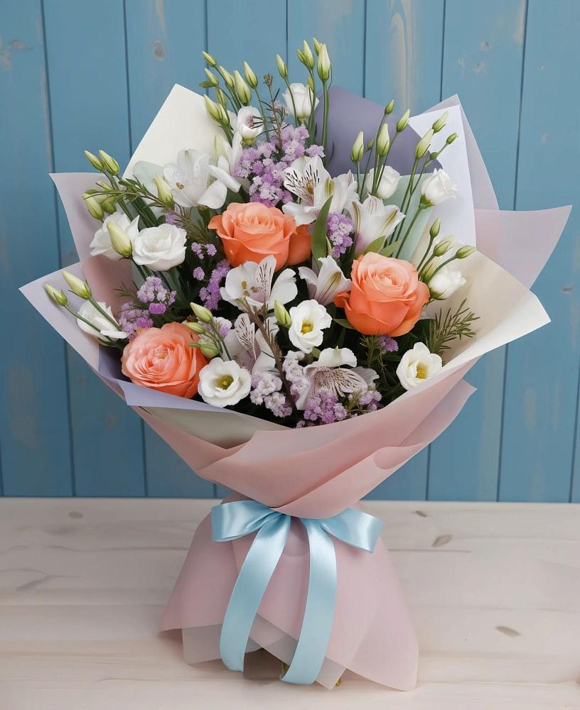 Букет цветов из: Лизиантусы, Розы, Альстромерии и Гипсофила в Коммаяке